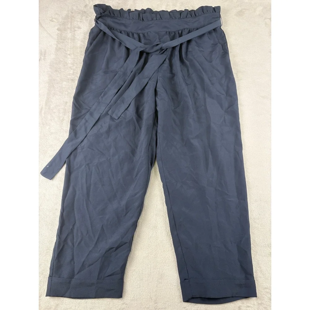 BCBGeneration Navy Blue Paperbag Waist Tie Tapered Crop Pants Womens 10